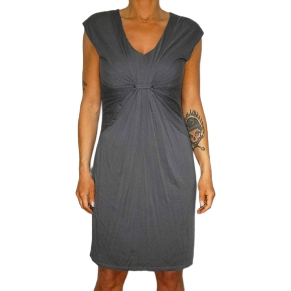 Ann Taylor Factory Short Sleeve V Neck Midi Dress Medium Grey Front Gathered - Picture 1 of 3